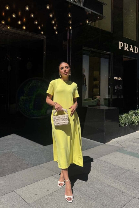 SHORT SLEEVE ONE COLOR SIMPLE WOMAN DRESS YELLOW/E VERDHE - 4