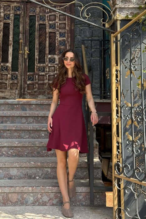 SHORT SLEEVE ONE COLOR WOMAN DRESS BURGUNDY/VISHNJE - KLAUDIO FASHION
