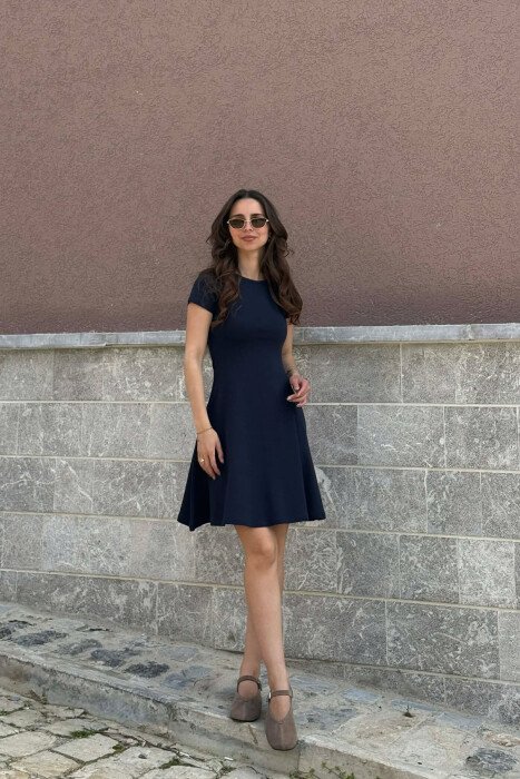 SHORT SLEEVE ONE COLOR WOMAN DRESS DARK BLUE/BEE - KLAUDIO FASHION