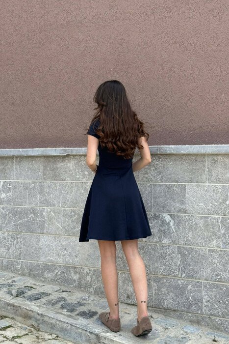 SHORT SLEEVE ONE COLOR WOMAN DRESS DARK BLUE/BEE - 2