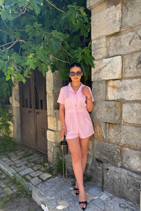 SHORT SLEEVE ONE COLOR WOMEN JUMPSUIT PINK/ROZE - KLAUDIO FASHION