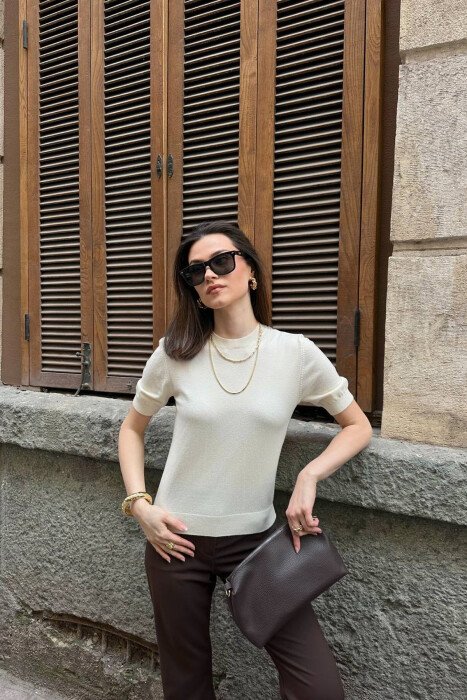 SHORT SLEEVE ONE COLOR WOMEN SWEATER CREAM/KREM - 2