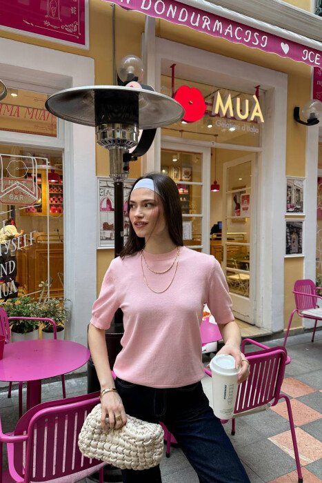 SHORT SLEEVE ONE COLOR WOMEN SWEATER PINK/ROZE 