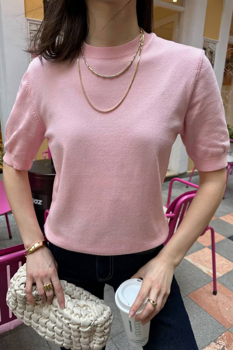 SHORT SLEEVE ONE COLOR WOMEN SWEATER PINK/ROZE - 2