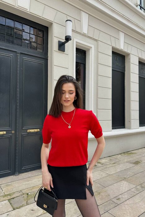 SHORT SLEEVE ONE COLOR WOMEN SWEATER RED/E KUQE 