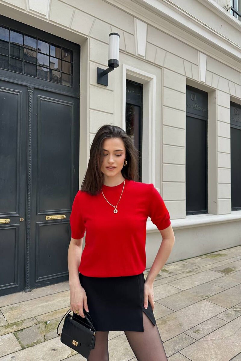 SHORT SLEEVE ONE COLOR WOMEN SWEATER RED/E KUQE - 1