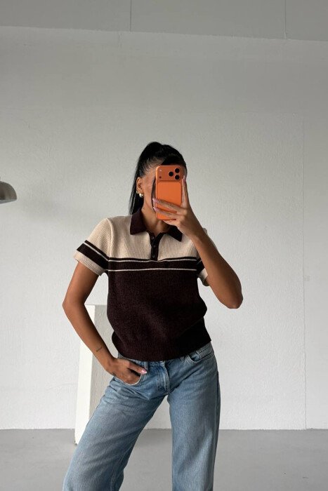 SHORT SLEEVE POLO BUTTONED NECK WOMEN SWEATER CREAM-BROWN/KRKA - 1