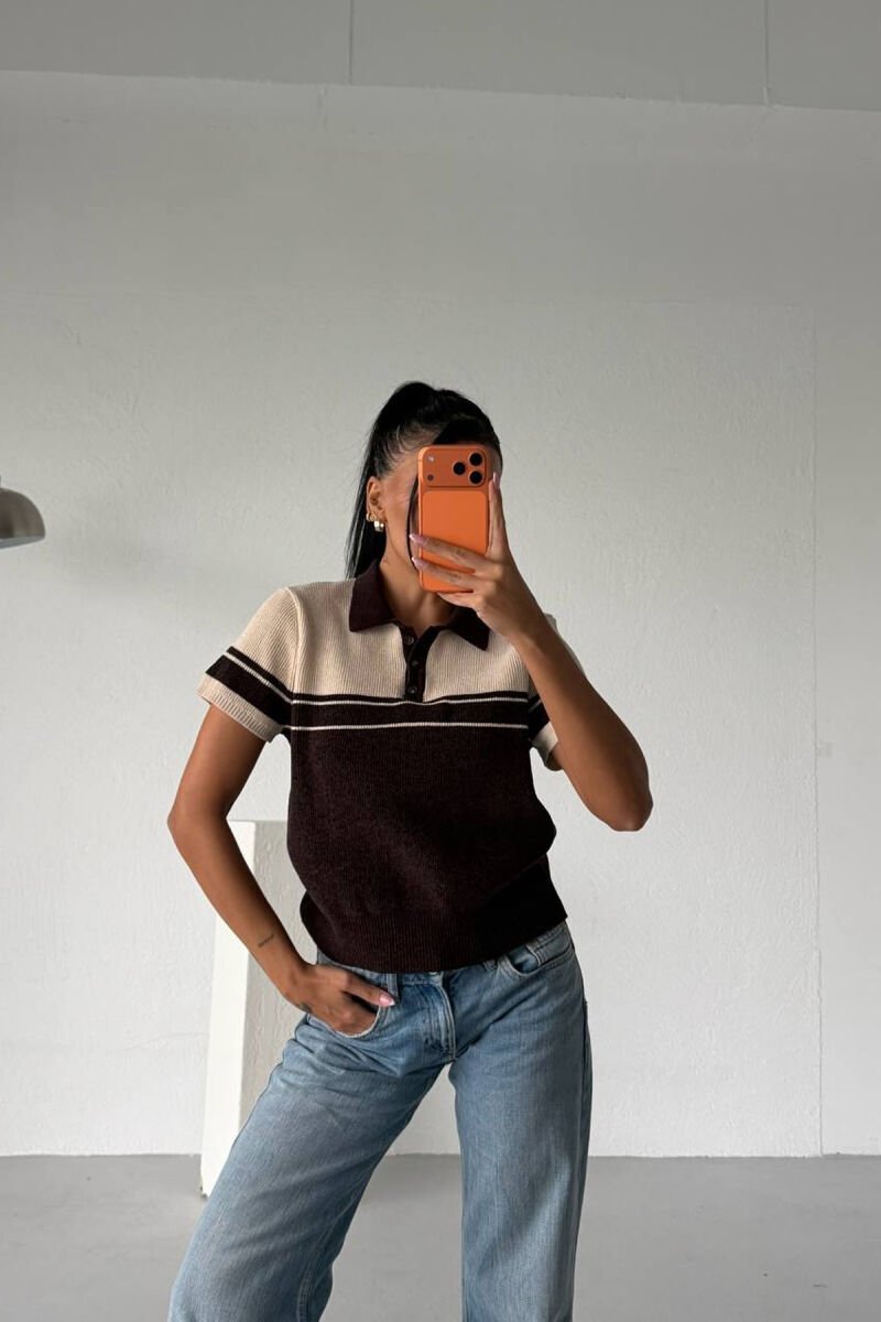 SHORT SLEEVE POLO BUTTONED NECK WOMEN SWEATER CREAM-BROWN/KRKA - 1