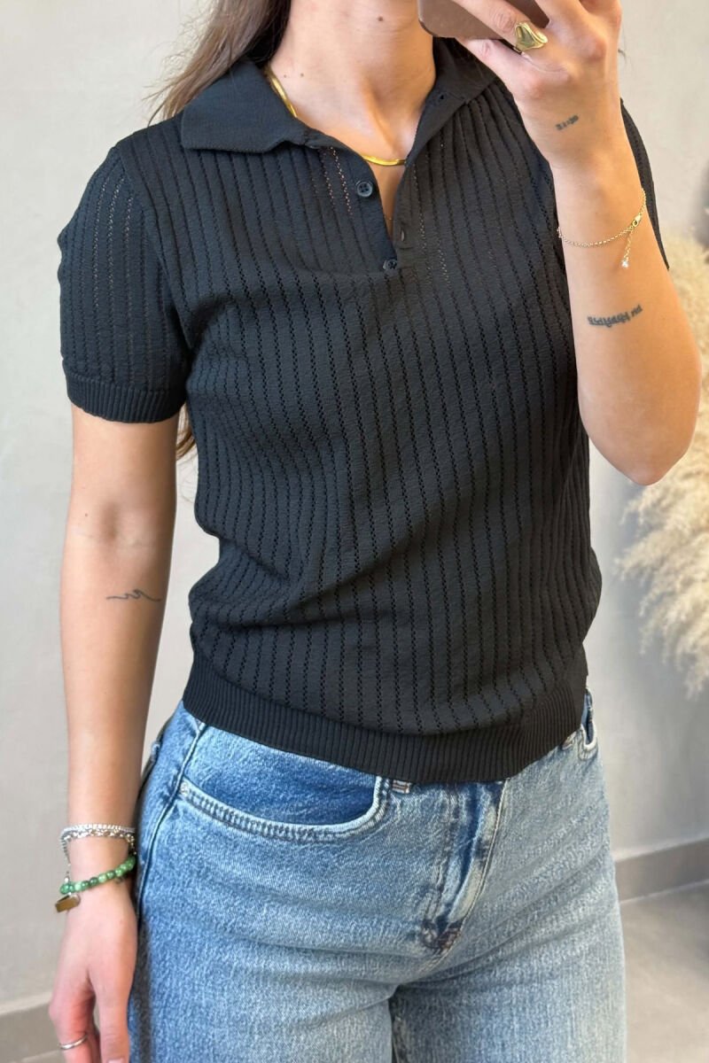 SHORT SLEEVE POLO NECK WOMAN SWEATER BLACK/ E ZEZE - 3