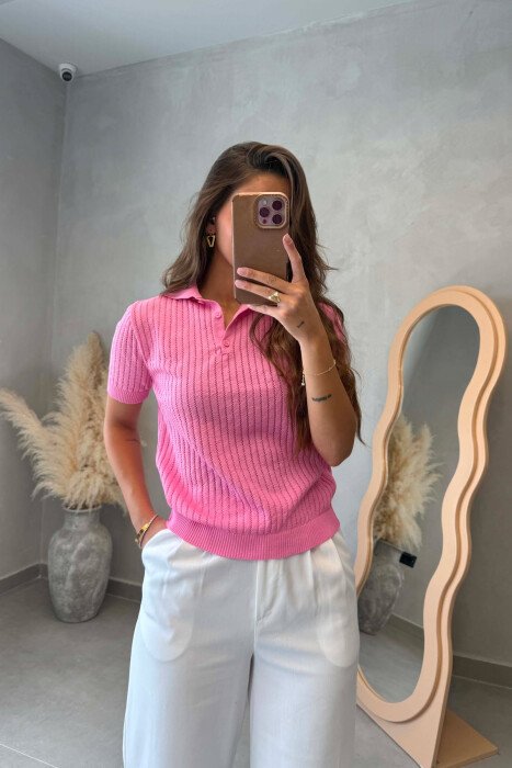 SHORT SLEEVE POLO NECK WOMAN SWEATER PINK/ROZE - 1