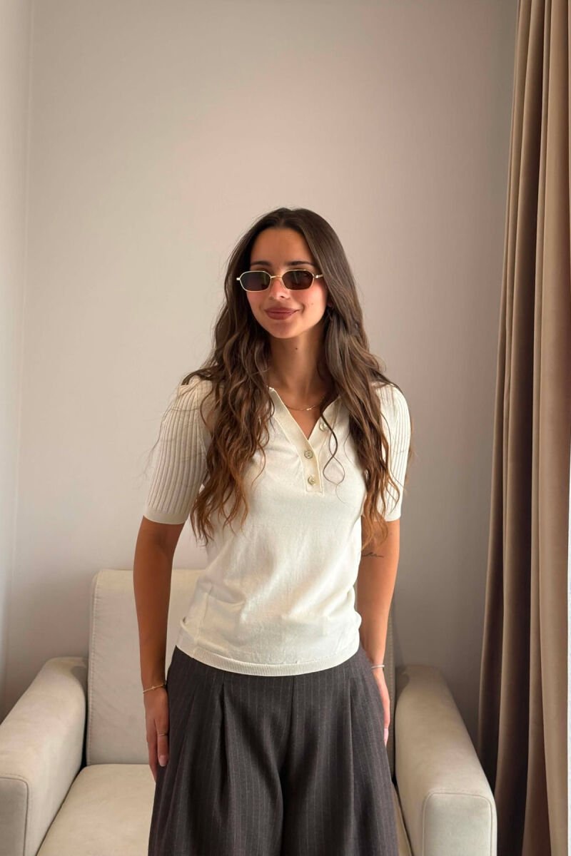 SHORT SLEEVE POLO NECK WOMEN SWEATER CREAM/KREM - 1