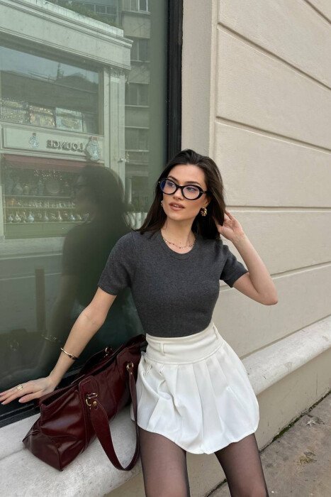 SHORT SLEEVE ROUND NECK WOMEN SWEATER DARK GREY/GEE - 2
