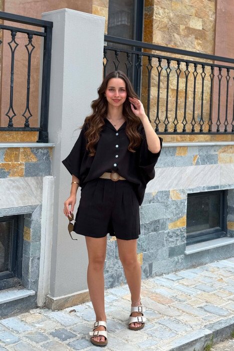 SHORT SLEEVE SHIRT + BELT DETAIL SHORTS WOMAN SET BLACK/ E ZEZE - 1