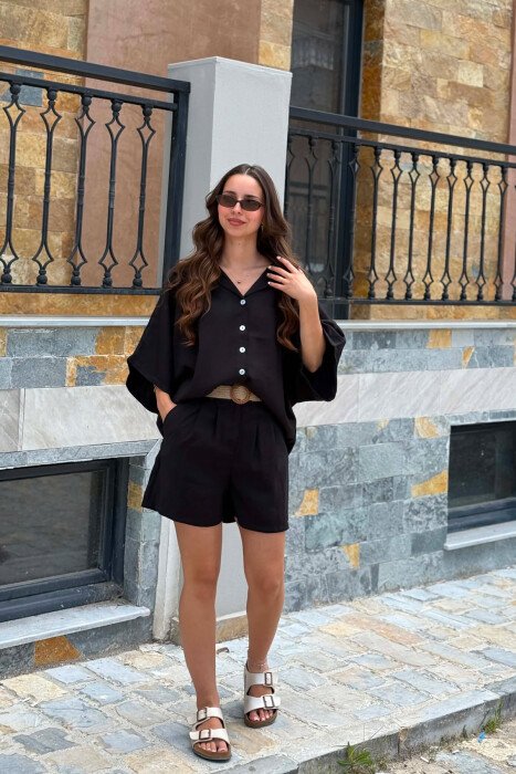 SHORT SLEEVE SHIRT + BELT DETAIL SHORTS WOMAN SET BLACK/ E ZEZE - 3