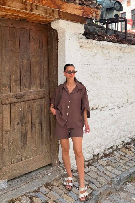 SHORT SLEEVE SHIRT + BELT DETAIL SHORTS WOMAN SET BROWN/KAFE 