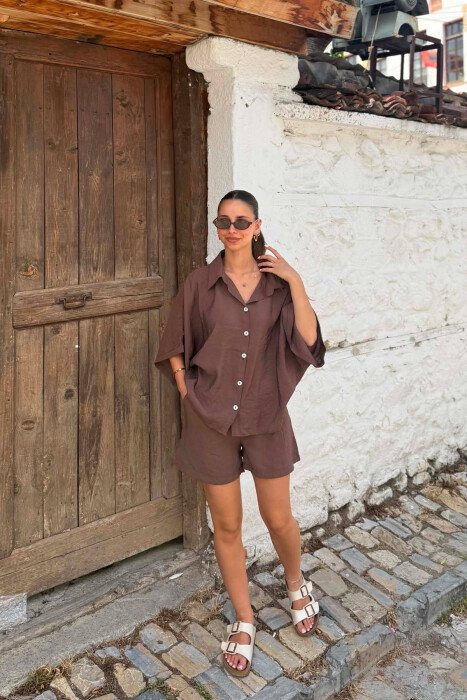 SHORT SLEEVE SHIRT + BELT DETAIL SHORTS WOMAN SET BROWN/KAFE - 4