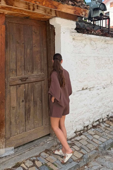 SHORT SLEEVE SHIRT + BELT DETAIL SHORTS WOMAN SET BROWN/KAFE - 5