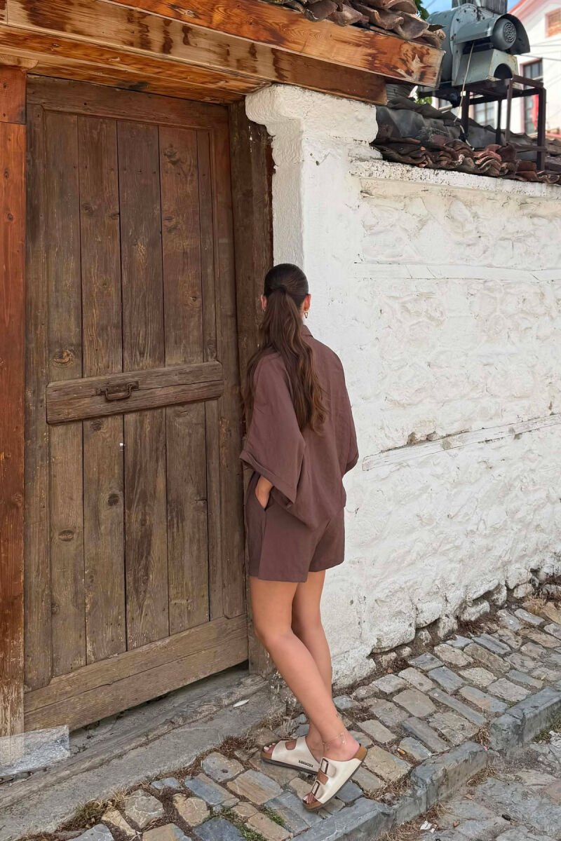 SHORT SLEEVE SHIRT + BELT DETAIL SHORTS WOMAN SET BROWN/KAFE - 5