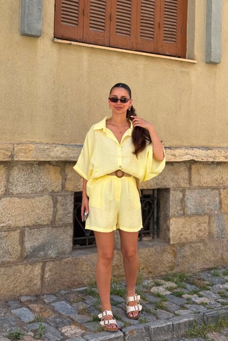 SHORT SLEEVE SHIRT + BELT DETAIL SHORTS WOMAN SET LEMON/ LIMON - 1