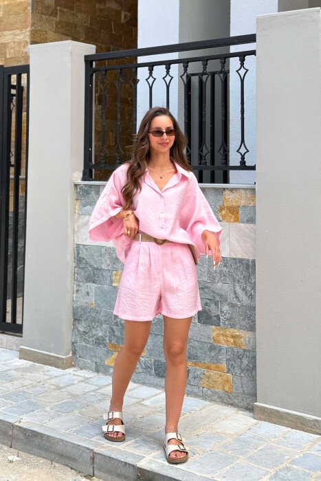 SHORT SLEEVE SHIRT + BELT DETAIL SHORTS WOMAN SET PINK/ROZE 