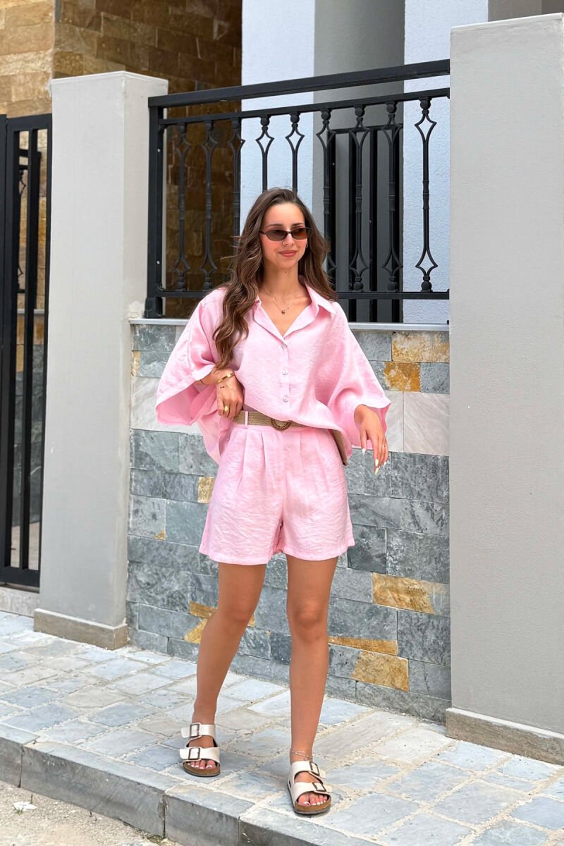 SHORT SLEEVE SHIRT + BELT DETAIL SHORTS WOMAN SET PINK/ROZE - 1