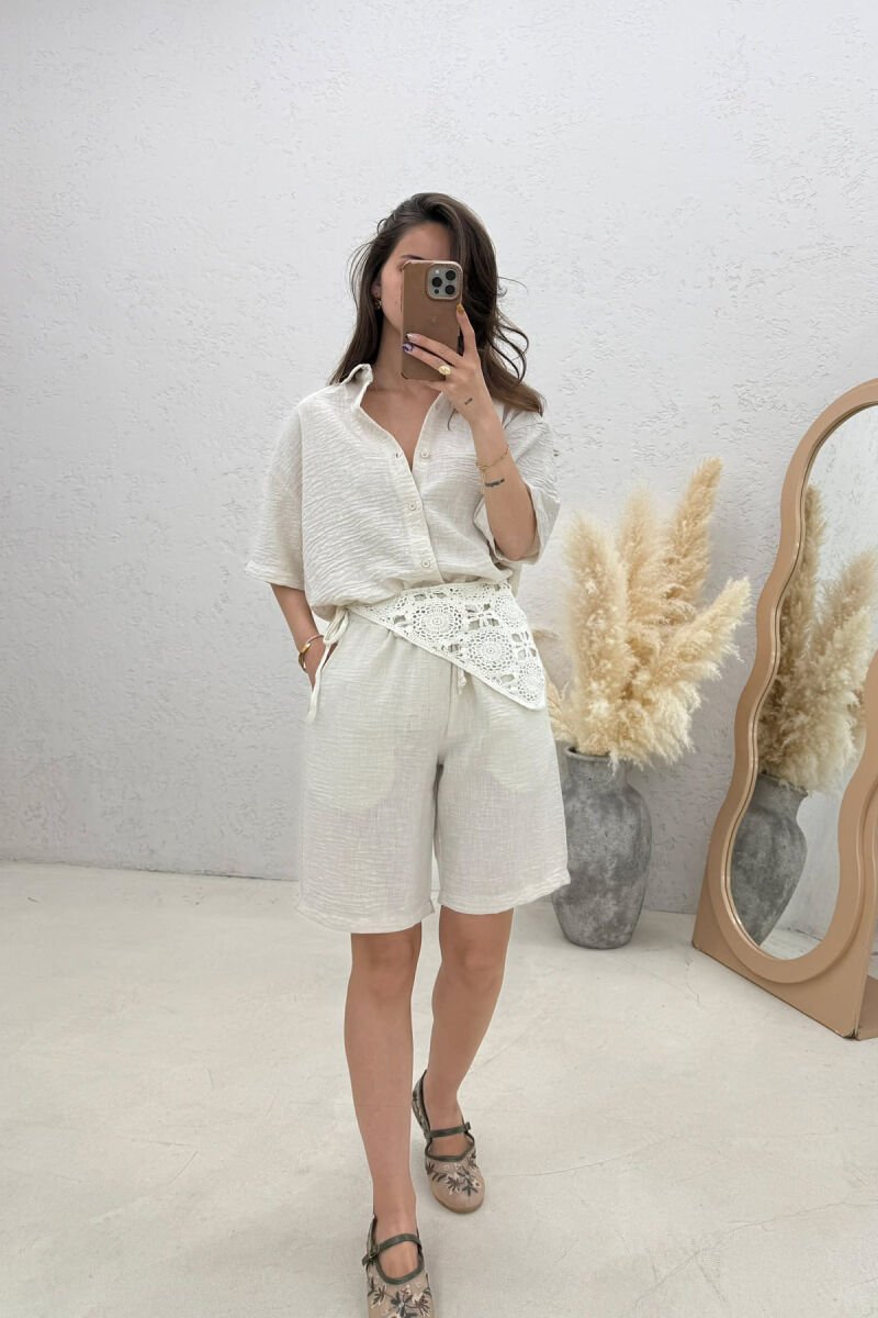 SHORT SLEEVE SHIRT + SHORTS WOMAN SET CREAM/KREM - 2