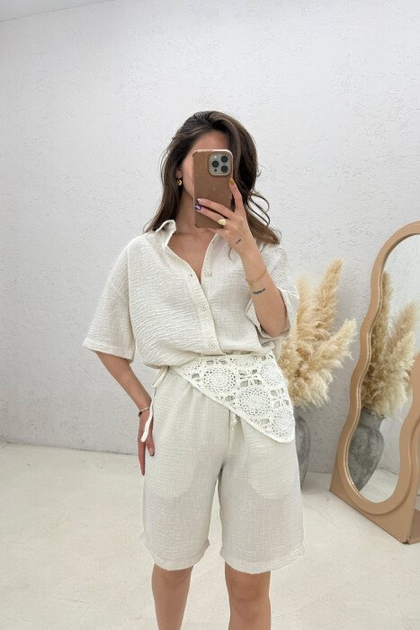 SHORT SLEEVE SHIRT + SHORTS WOMAN SET CREAM/KREM - 4