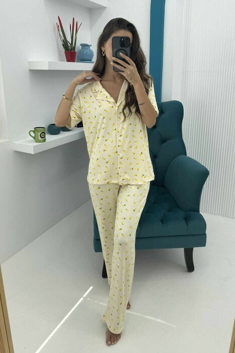 SHORT SLEEVE SHIRT+TROUSERS WOMEN PYJAMAS YELLOW/E VERDHE - KLAUDIO FASHION