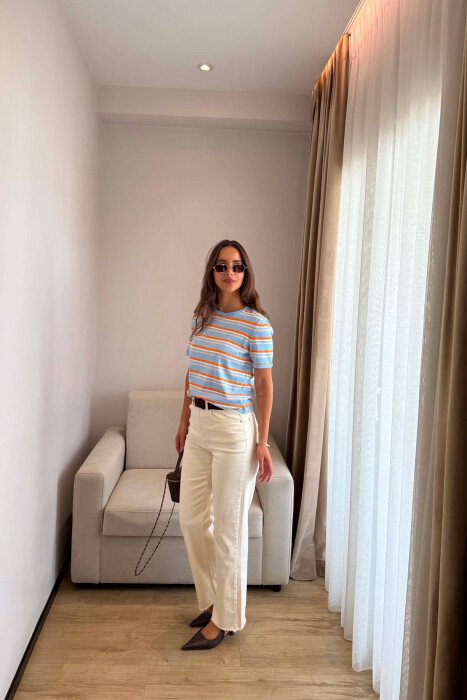 SHORT SLEEVE STRIPE DESIGN WOMEN SWEATER LIGHTBLUE/BZ - 2