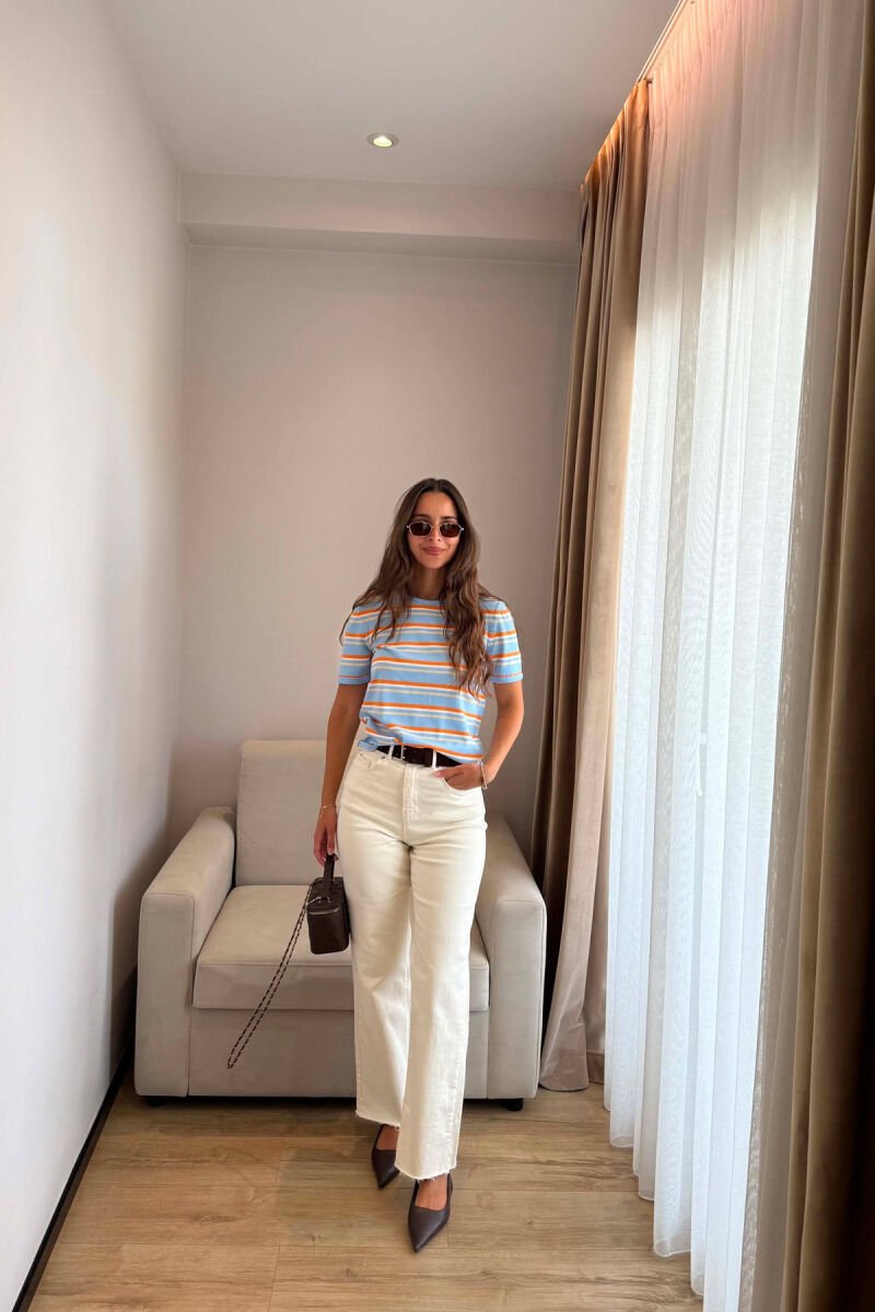 SHORT SLEEVE STRIPE DESIGN WOMEN SWEATER LIGHTBLUE/BZ - 3