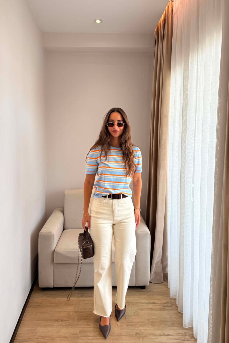 SHORT SLEEVE STRIPE DESIGN WOMEN SWEATER LIGHTBLUE/BZ - 4