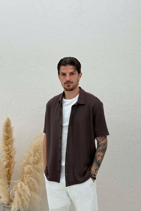 SHORT SLEEVE TEXTURED MEN SHIRT BROWN/KAFE - KLAUDIO FASHION