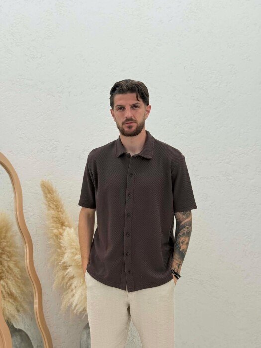 SHORT SLEEVE TEXTURED MEN SHIRT BROWN/KAFE - 5