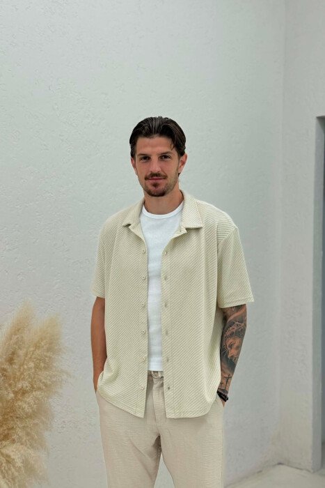 SHORT SLEEVE TEXTURED MEN SHIRT CREAM/KREM - KLAUDIO FASHION