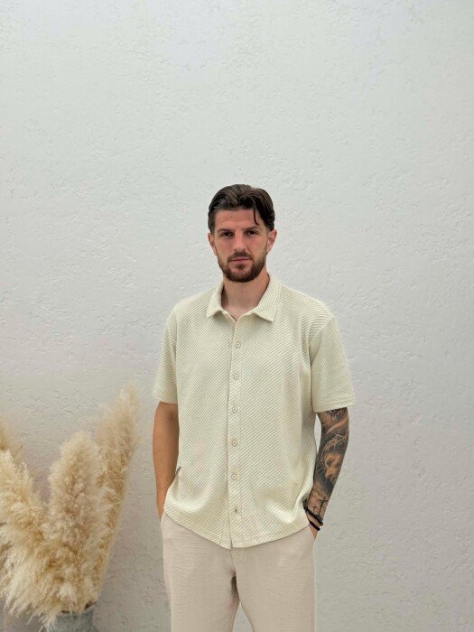 SHORT SLEEVE TEXTURED MEN SHIRT CREAM/KREM - 6