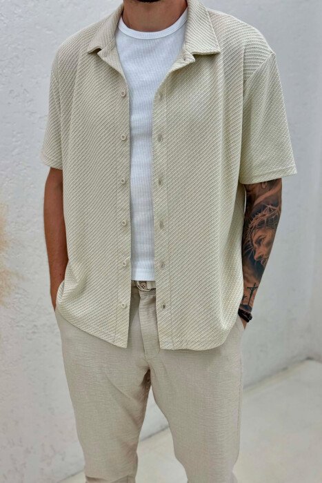 SHORT SLEEVE TEXTURED MEN SHIRT CREAM/KREM - 4