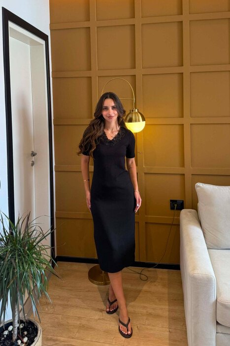 SHORT SLEEVE TULLE V NECK WOMEN DRESS BLACK/ E ZEZE - 