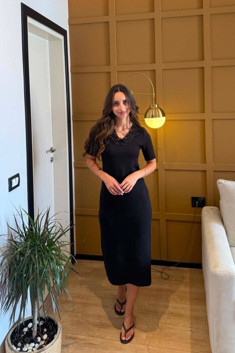 SHORT SLEEVE TULLE V NECK WOMEN DRESS BLACK/ E ZEZE - 4