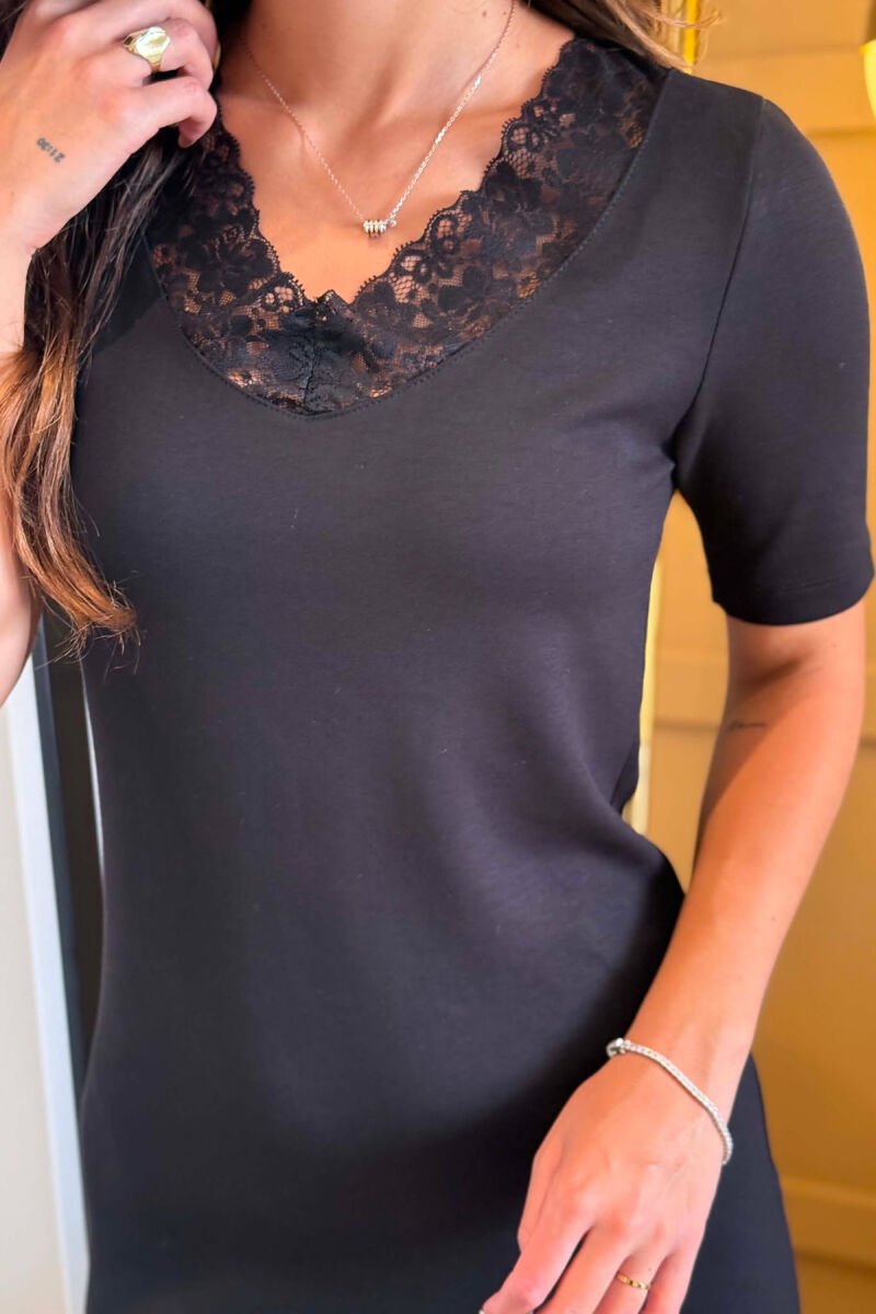 SHORT SLEEVE TULLE V NECK WOMEN DRESS BLACK/ E ZEZE - 5