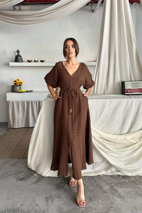 SHORT SLEEVE V-NECK LONG WOMAN DRESS BROWN/KAFE 