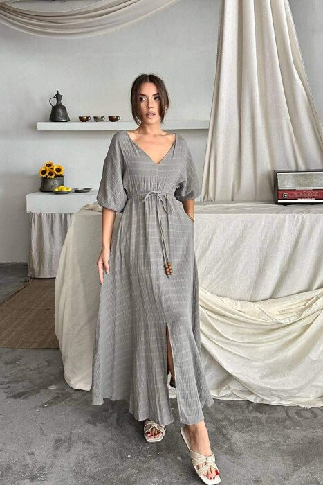 SHORT SLEEVE V-NECK LONG WOMAN DRESS GREY/GRI - 1