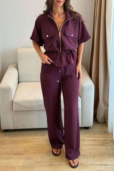 SHORT SLEEVE ZIPPER JACKET + TROUSERS WOMAN SET BURGUNDY/VISHNJE - 7