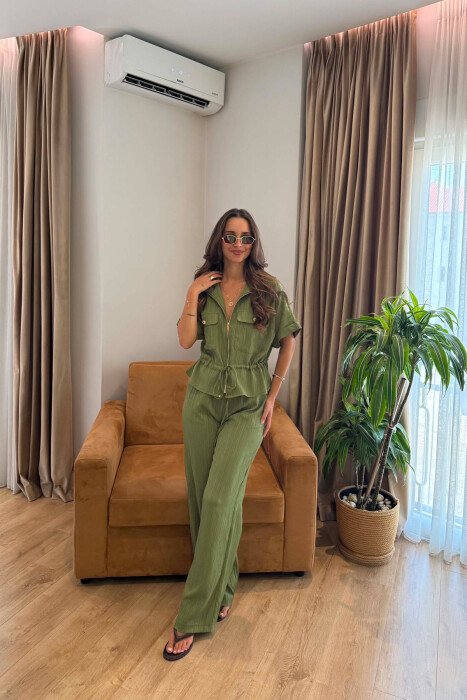 SHORT SLEEVE ZIPPER JACKET + TROUSERS WOMAN SET GREEN/JESHILE 