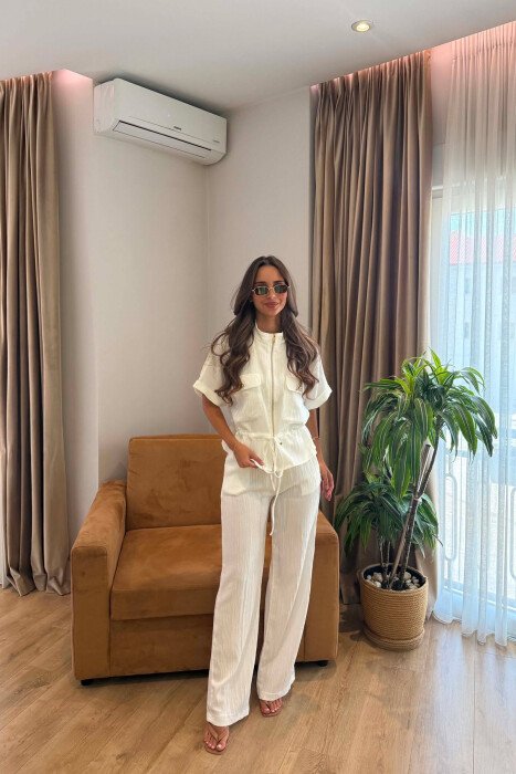 SHORT SLEEVE ZIPPER JACKET + TROUSERS WOMAN SET WHITE-E BARDHE - KLAUDIO FASHION