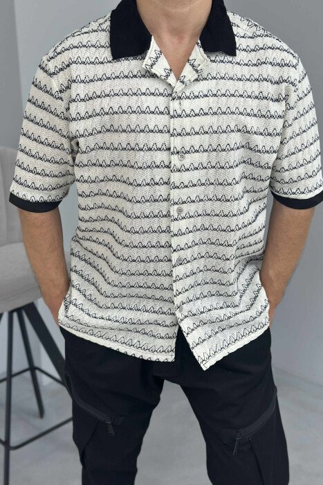 SHORT SLEEVES DESIGNED MEN SHIRT CREAM+BLACK/KREM+ZEZE - 2