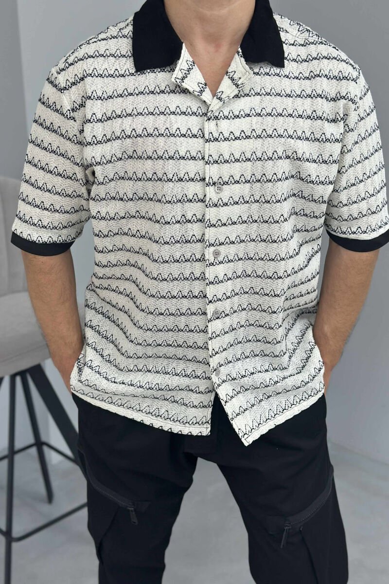 SHORT SLEEVES DESIGNED MEN SHIRT CREAM+BLACK/KREM+ZEZE - 2