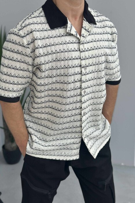 SHORT SLEEVES DESIGNED MEN SHIRT CREAM+BLACK/KREM+ZEZE - 4