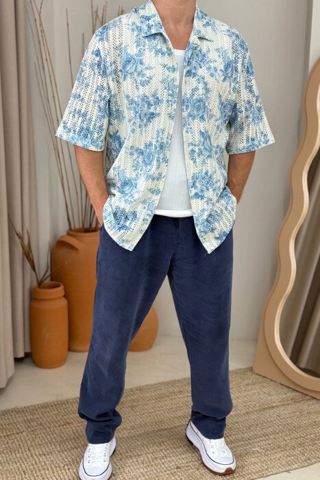 SHORT SLEEVES FLOWERS DESIGN MEN SHIRT CREAM-LIGHTBLUE/KRBZ - 