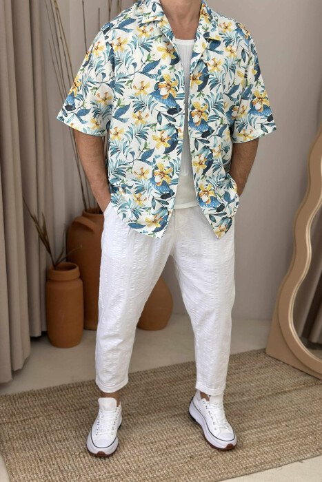 SHORT SLEEVES FLOWERS DESIGN MEN SHIRT LIGHTBLUE/BZ - 1