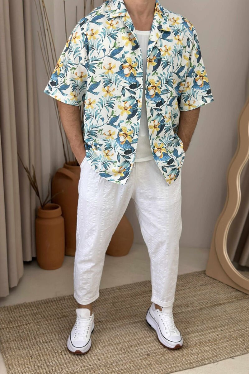 SHORT SLEEVES FLOWERS DESIGN MEN SHIRT LIGHTBLUE/BZ - 1